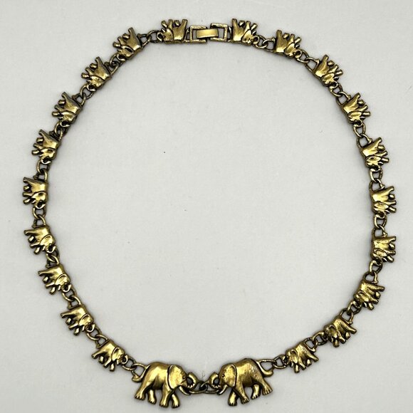 Vintage Elephant Link 18” Necklace Gold Tone Animal Theme Statement Jewelry - Picture 1 of 8
